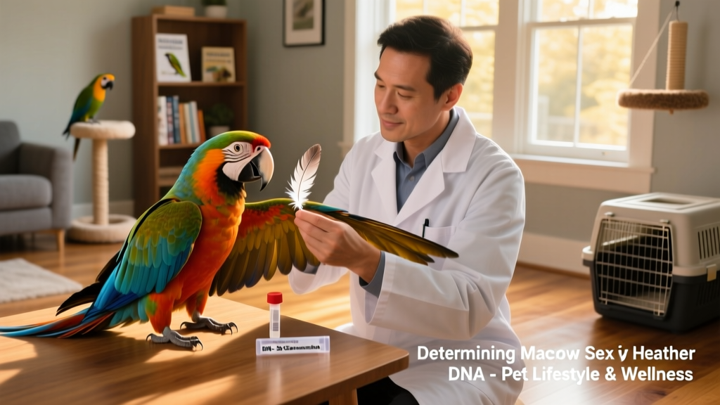 Avian veterinarian gently collecting a feather sample from a calm macaw for DNA testing