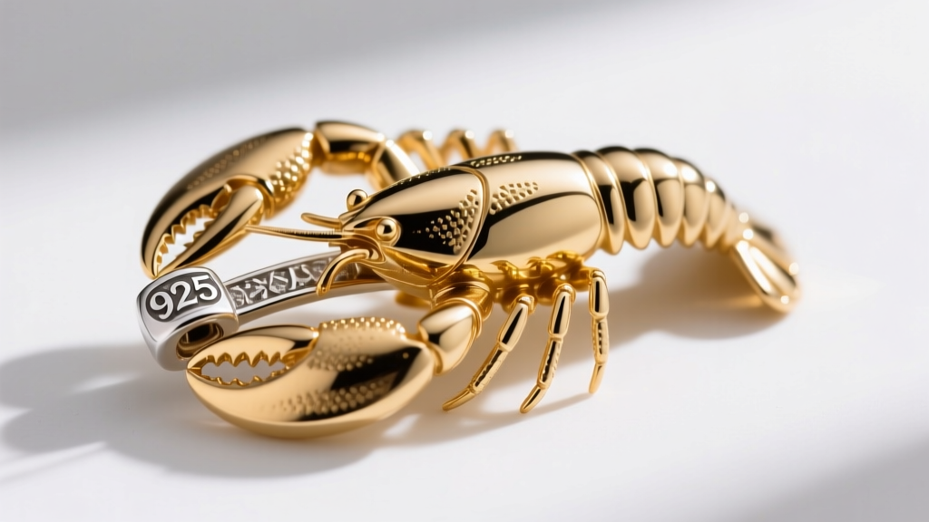 Macro photography of jewelry lobster clasp showing 925 sterling silver hallmark and thick 14k gold vermeil plating layer detail
