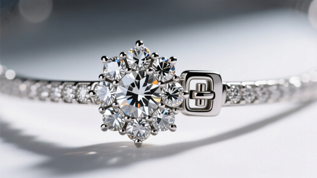 Macro shot of a platinum high jewelry necklace clasp featuring VVS1 round brilliant diamonds and a hidden safety latch mechanism