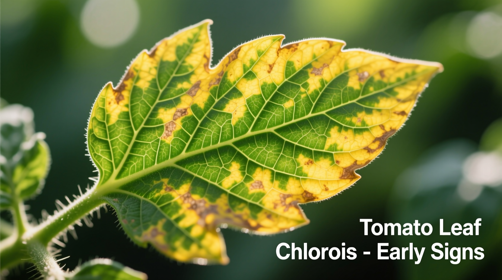 Close-up of tomato leaf showing yellowing with green veins