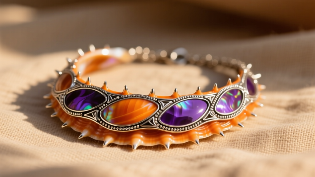 Vibrant orange and purple spiny oyster shell necklace with sterling silver inlay on beige linen in warm sunlight.