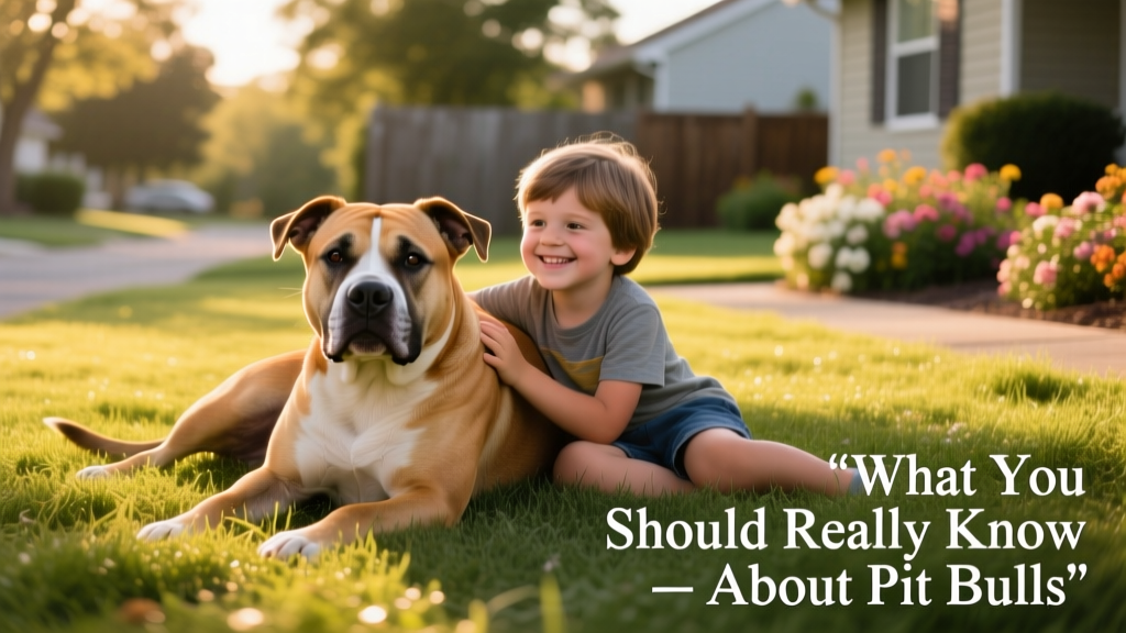 A friendly, well-socialized pit bull lying calmly beside a child on a grassy lawn