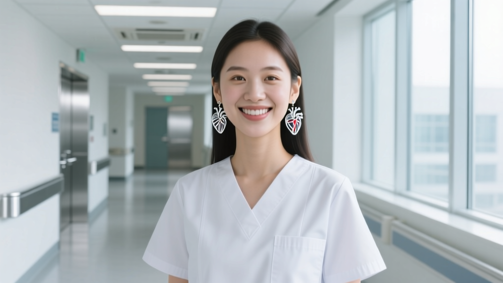 Smiling medical student in scrubs wearing lightweight silver anatomical heart dangle earrings in a bright, modern clinical setting.