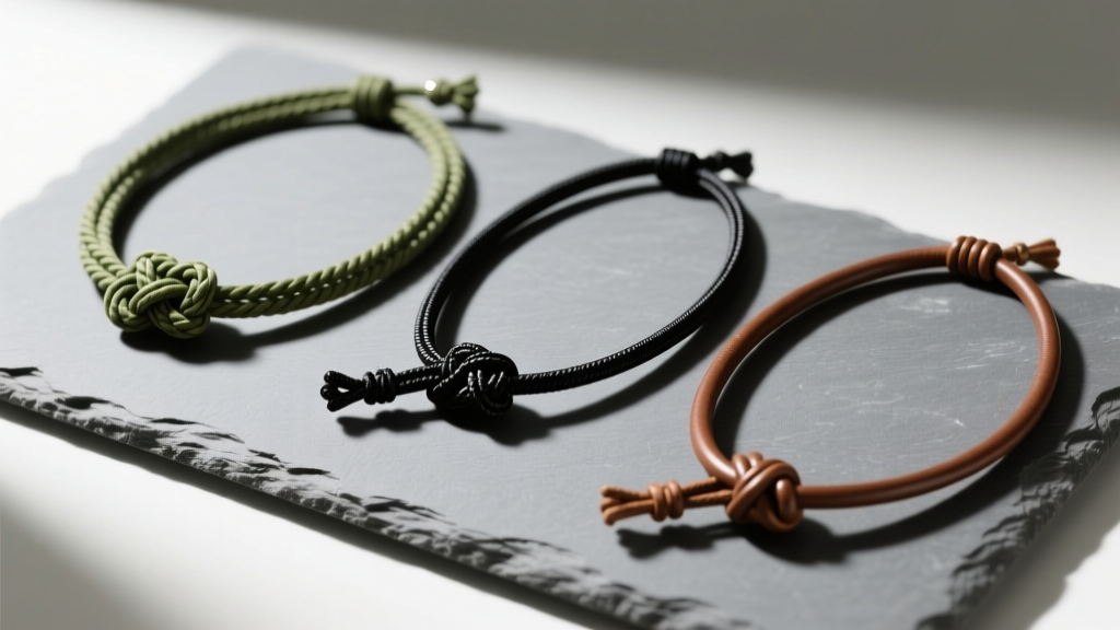 Three adjustable necklaces on a slate board: olive hemp, black silk, and brown leather cords with sliding macrame knots.