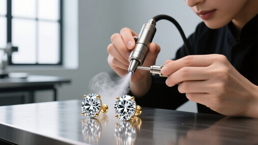 A professional jeweler using a steam cleaner on a pair of large diamond stud earrings held by locking friction backs in a workshop