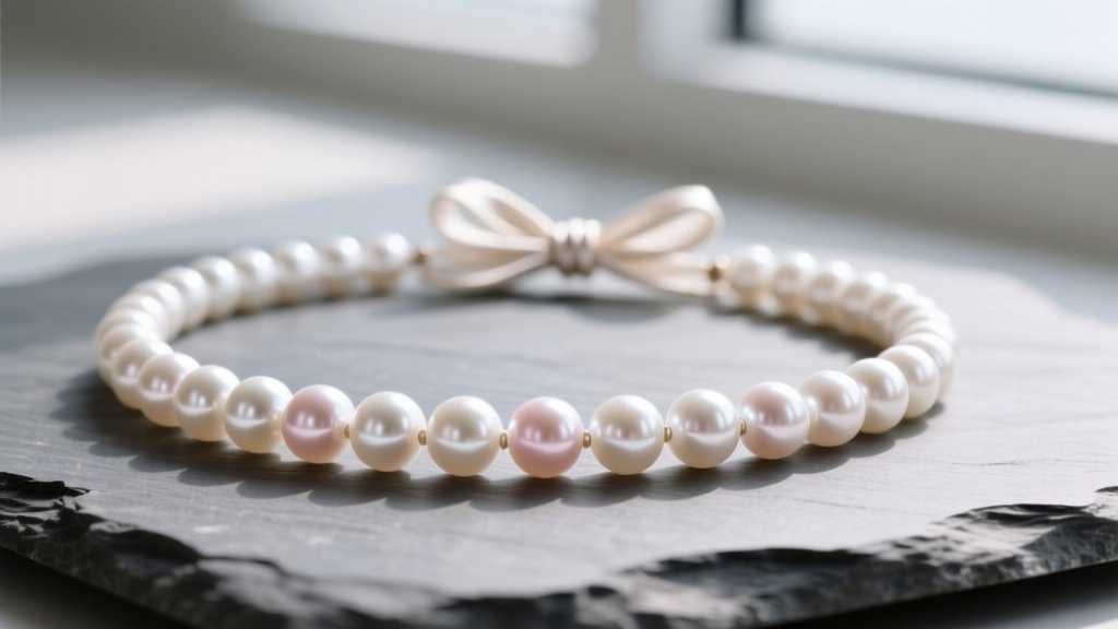 Close-up of a white freshwater beaded pearl necklace on slate, showing bright luster, rose overtones, and silk knots.