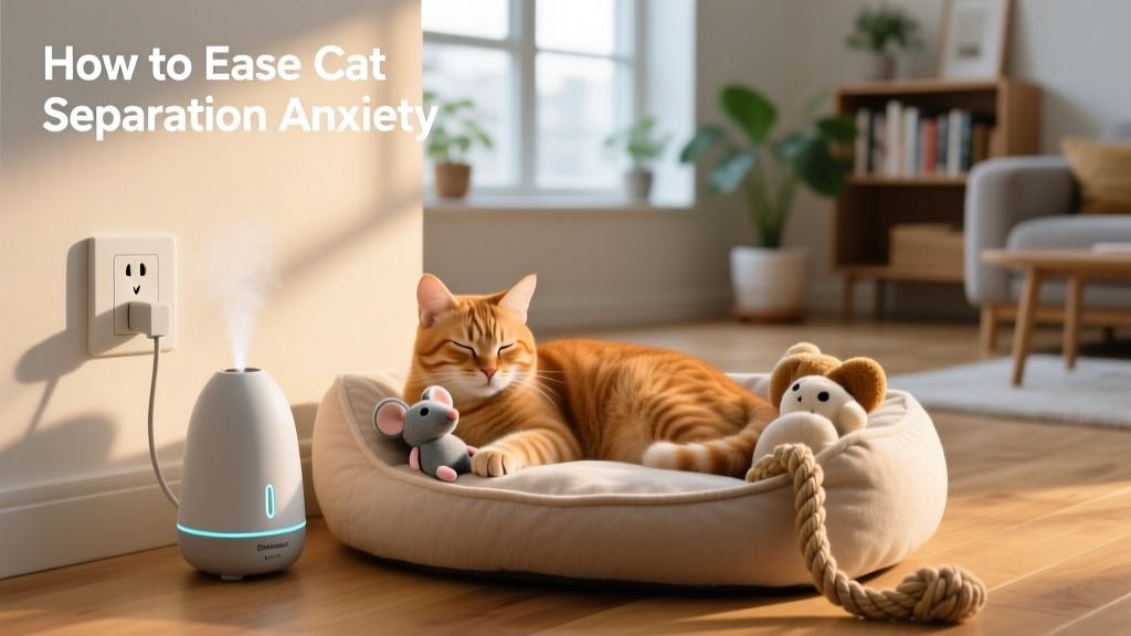 A sleek, modern pheromone diffuser plugged into an outlet beside a cozy cat bed and toys
