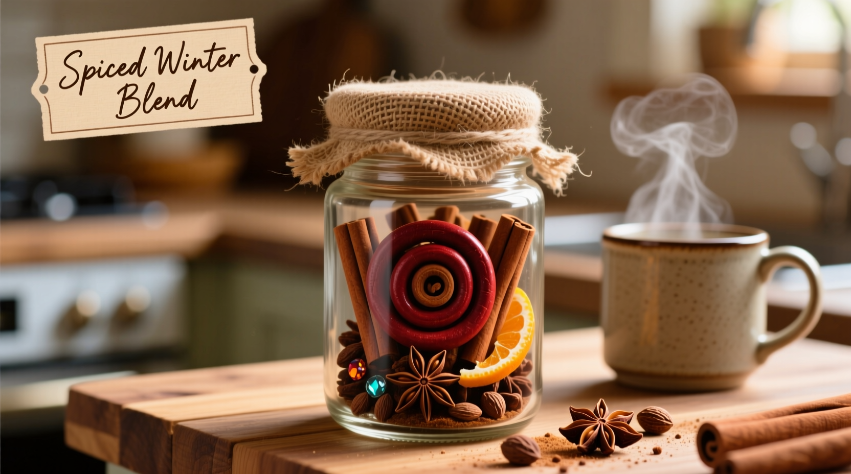Selbstgemischte Mullgewürze in Glas mit Zimtstangen und Nelken