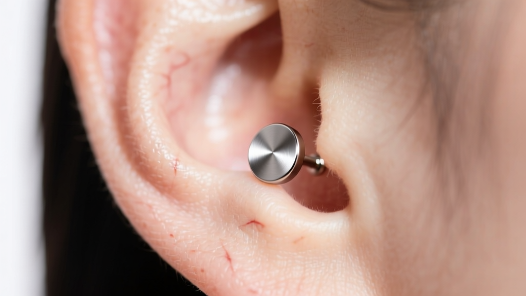 Close-up of an earlobe wearing a 4mm matte titanium bezel-set stud, softly lit against a plain white passport photo backdrop.