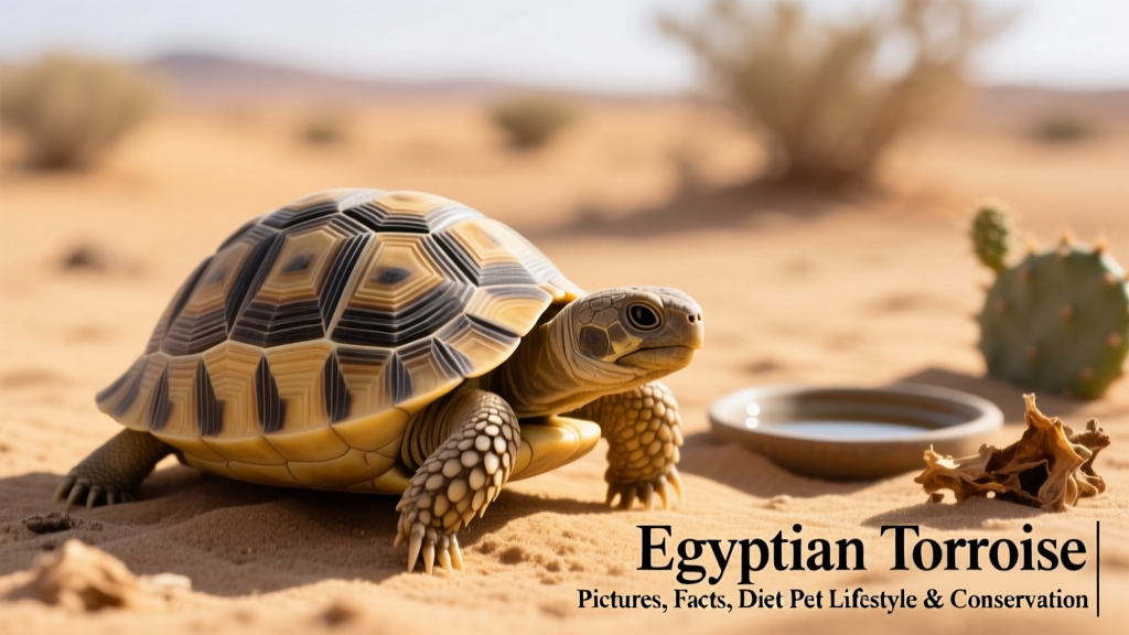 Close-up photo of an Egyptian Tortoise on sandy substrate, showing its small size and distinctive shell pattern