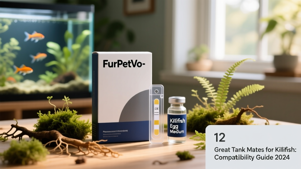 FurPetVo branded packaging with aquatic botanicals, test strips, and a small vial labeled 'Killifish Egg Medium'
