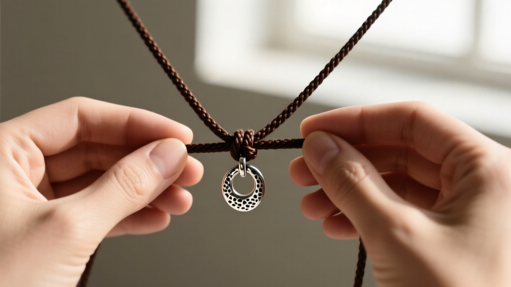 Close-up of hands tying a sliding knot on a dark brown waxed cotton cord necklace featuring a small hammered silver pendant
