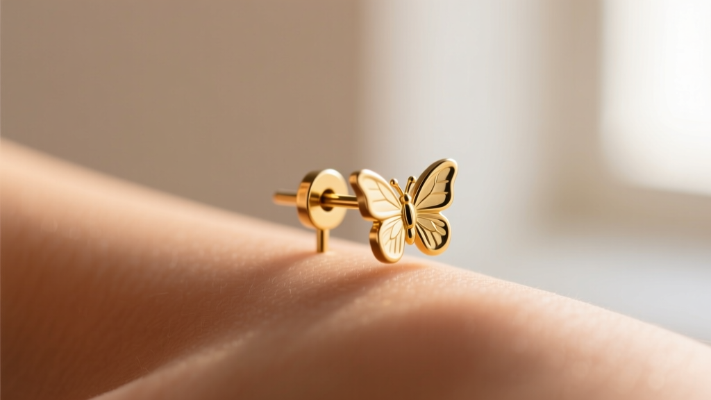 Macro close-up of a 20-gauge gold butterfly earring back on a post, softly lit against skin, highlighting the metal tension clasp