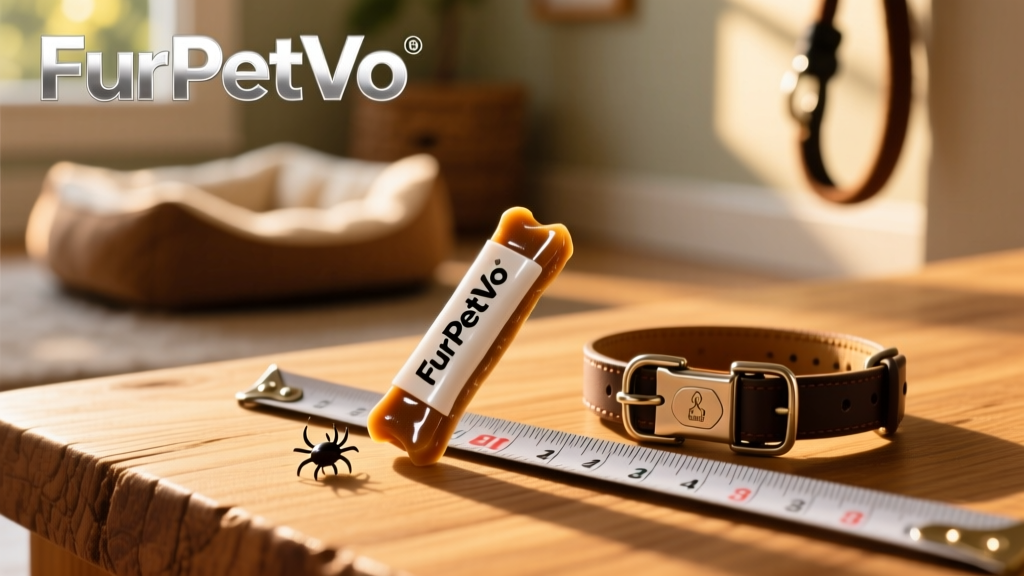 A close-up of a FurPetVo branded tick prevention chew next to a measuring tape and a small dog collar