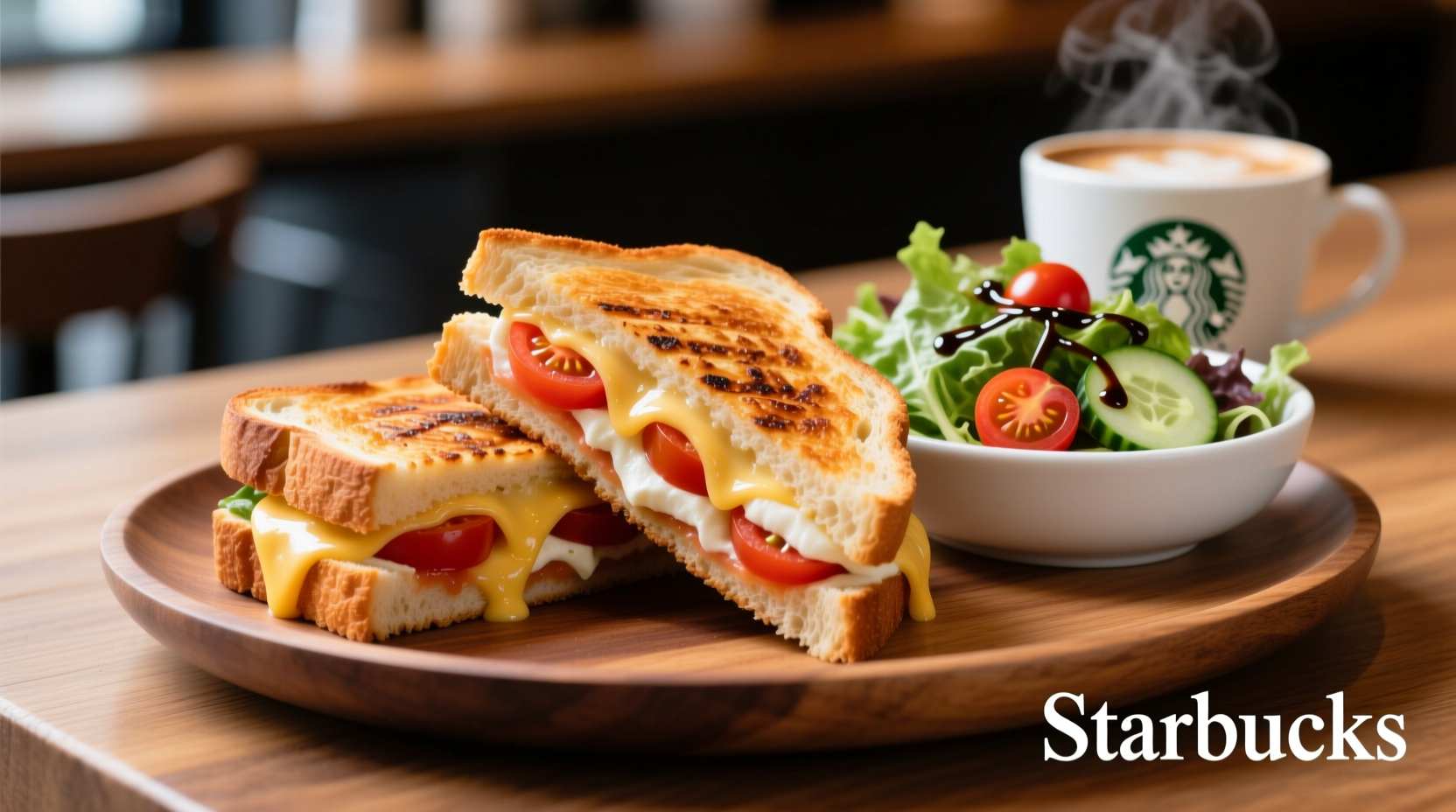 Starbucks Tomato Mozzarella Panini on plate with side salad