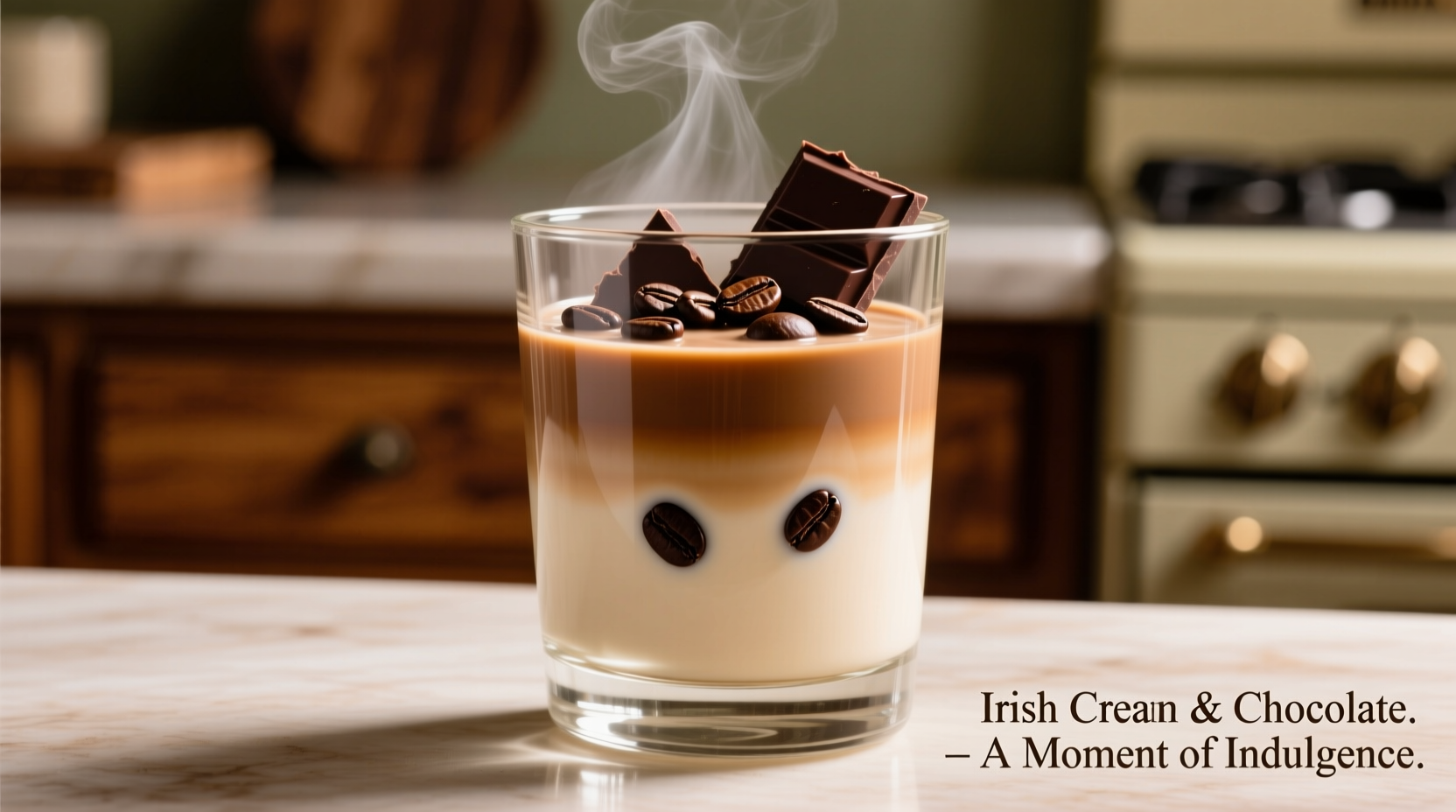 Glass of Irish cream with coffee beans and chocolate