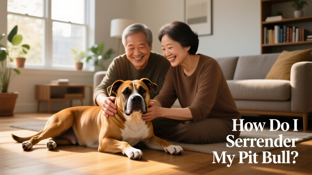 Two smiling adults gently petting a relaxed pit bull in a sunlit living room