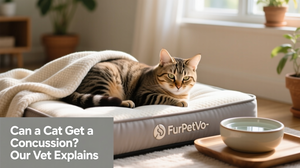 A relaxed cat resting peacefully on a FurPetVo-branded orthopedic recovery bed, with a soft blanket and nearby water bowl