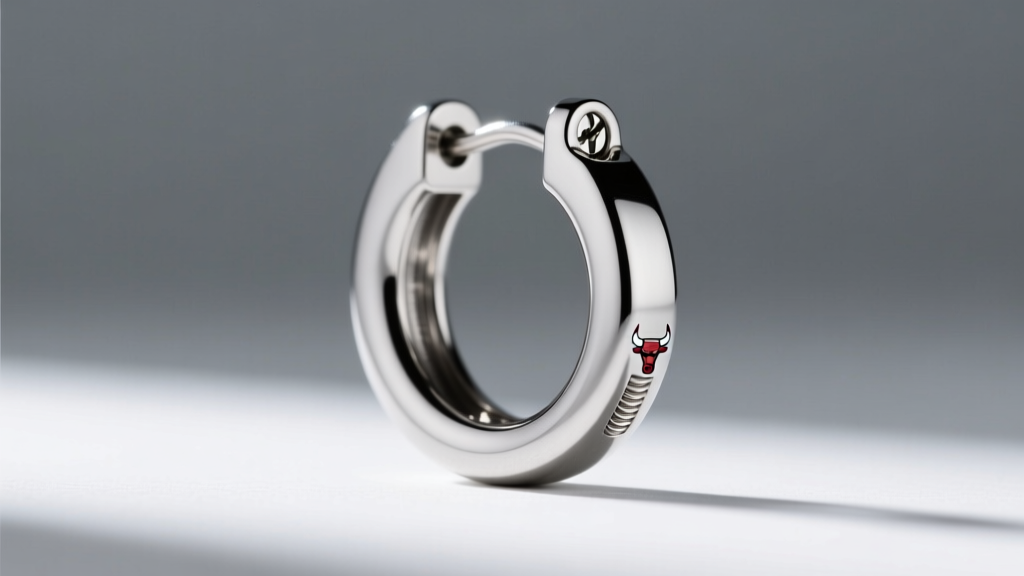 Side profile of a 20-gauge titanium Chicago Bulls huggie earring, highlighting the secure screw-back clasp mechanism on the ear.
