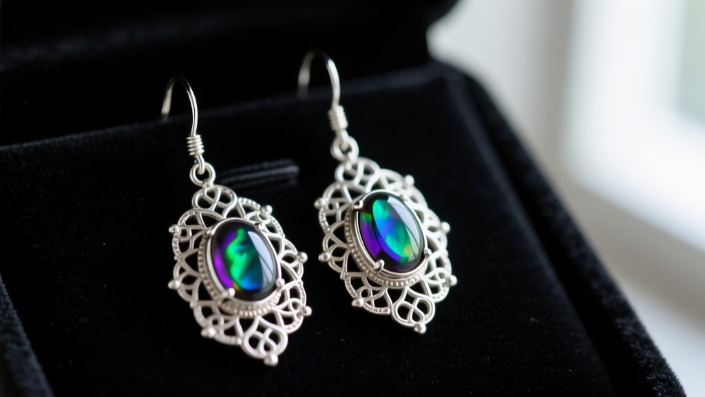 Close-up of Taxco .925 sterling silver filigree drop earrings with polished rainbow obsidian cabochons resting on dark velvet.