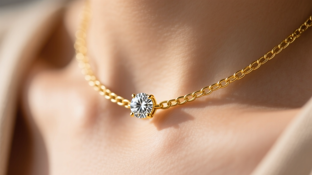 Close-up of a 14k yellow gold 0.8mm box chain with a 0.20ct bezel-set round brilliant diamond resting softly on a collarbone.