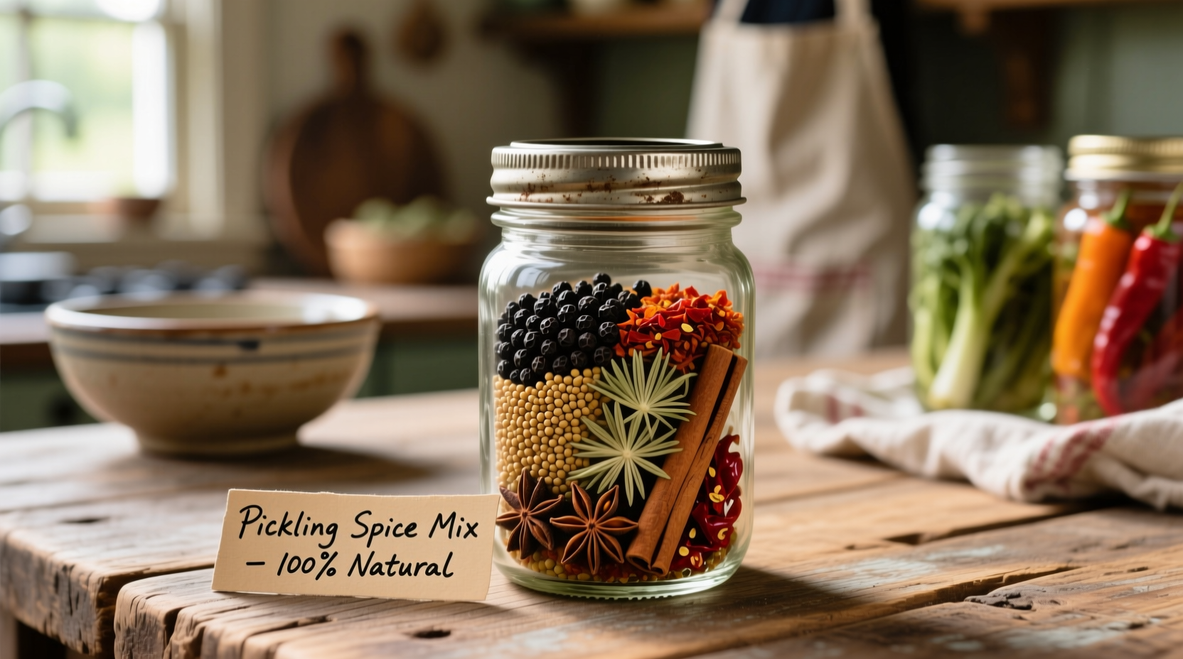 Homemade pickling spice blend in mason jar with ingredients
