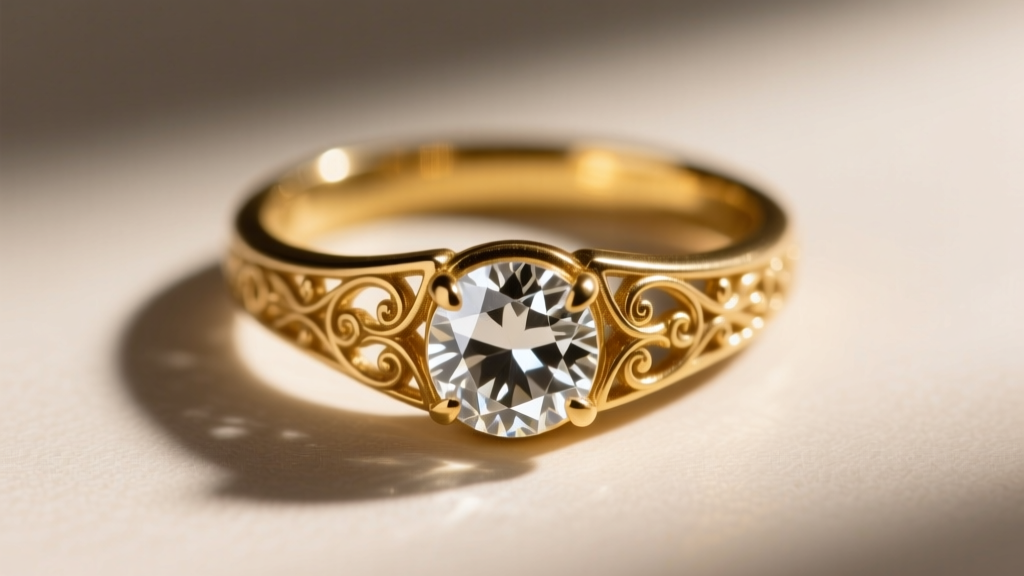 Top-down view of a late Victorian gold ring with a foil-backed old mine cut diamond in a closed-back setting and engraved shoulders