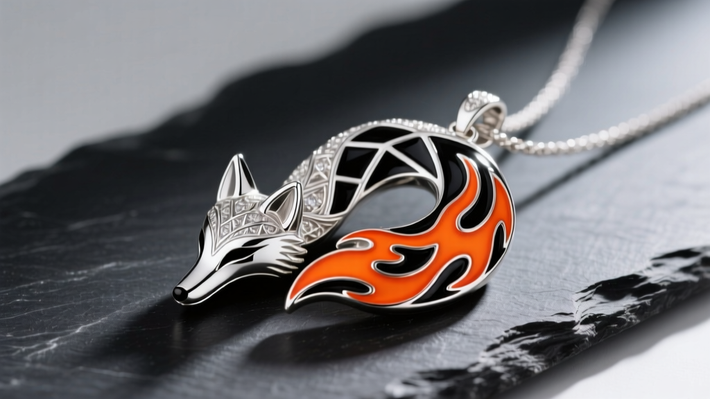 Sterling silver fox tail pendant with vibrant orange and black enamel accents resting on dark slate under soft studio lighting.