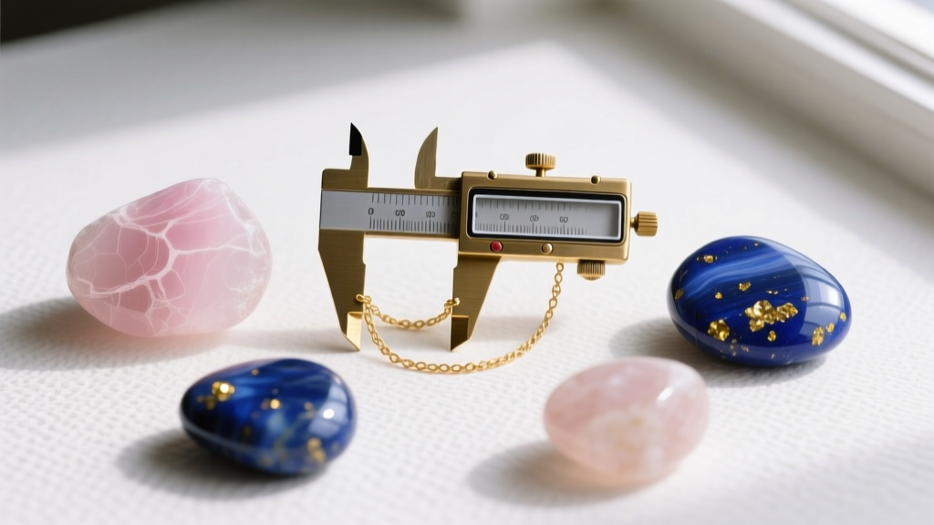 Flat lay of tumbled rose quartz and lapis lazuli stones next to a brass jewelry caliper measuring a gold chain's exact thickness.