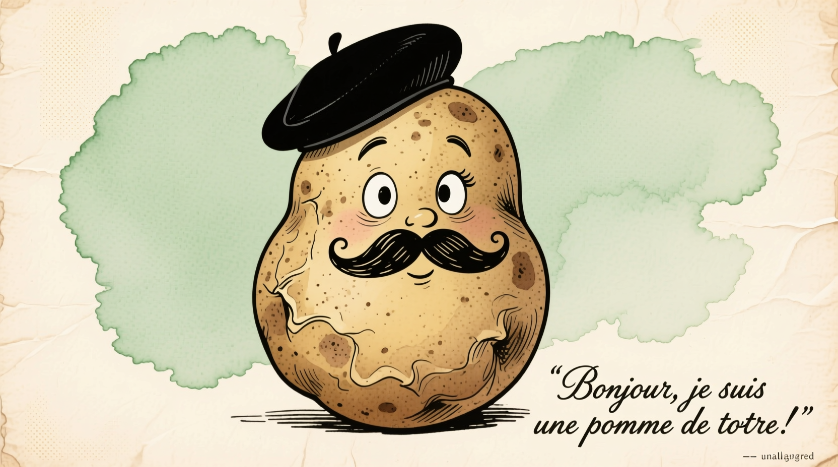 Vintage illustration of potato with French beret and mustache