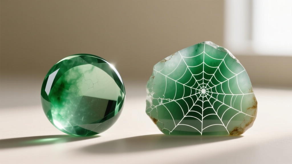 Macro photo comparing smooth natural Type A jadeite surface with the pitted, spiderweb texture of acid-etched Type B jadeite