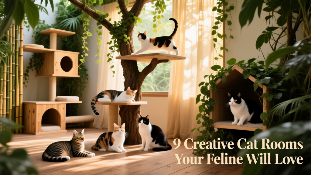 A jungle-themed cat room with lush greenery, vine-draped shelves, multiple cat trees, and playful adopted brothers lounging comfortably