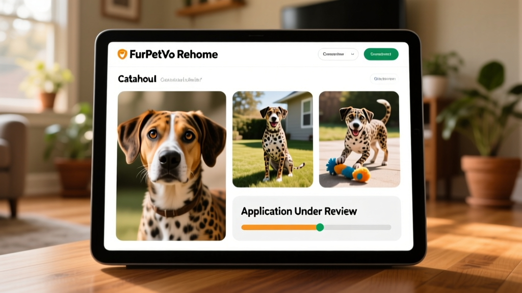 Screenshot of the FurPetVo Rehome dashboard showing a completed dog profile with photos and application status