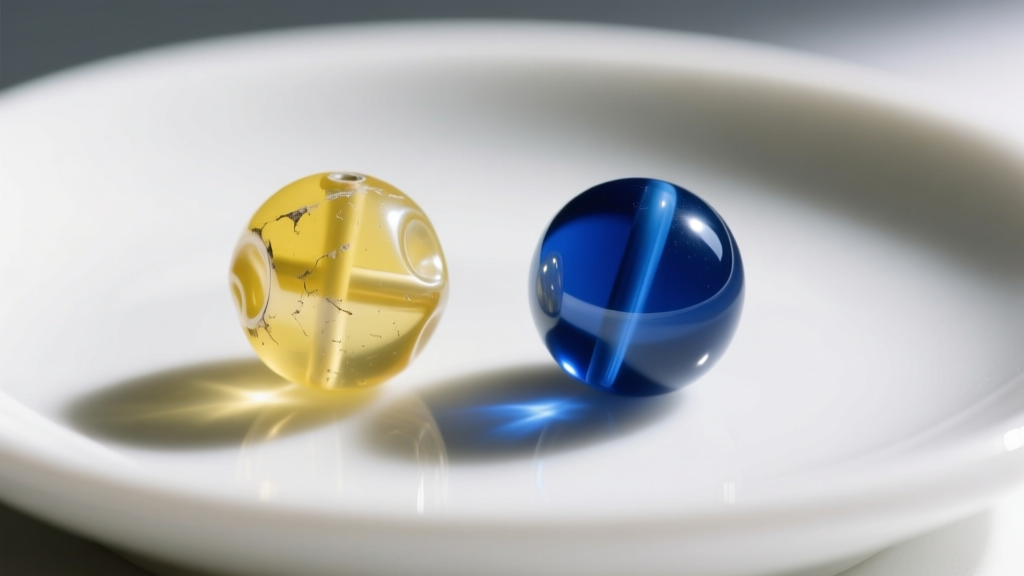 Close-up of a yellowed 90s plastic bubble bead next to a restored blue bead on a white ceramic dish under bright daylight