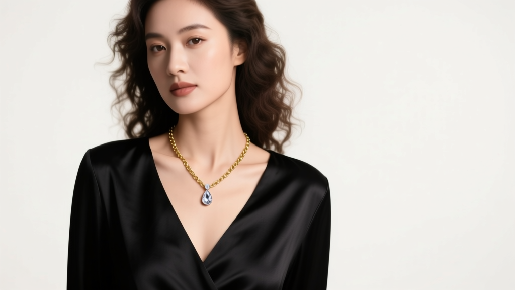 Woman wearing an 18-inch gold chain with a teardrop diamond pendant over a dark silk V-neck top, soft studio lighting