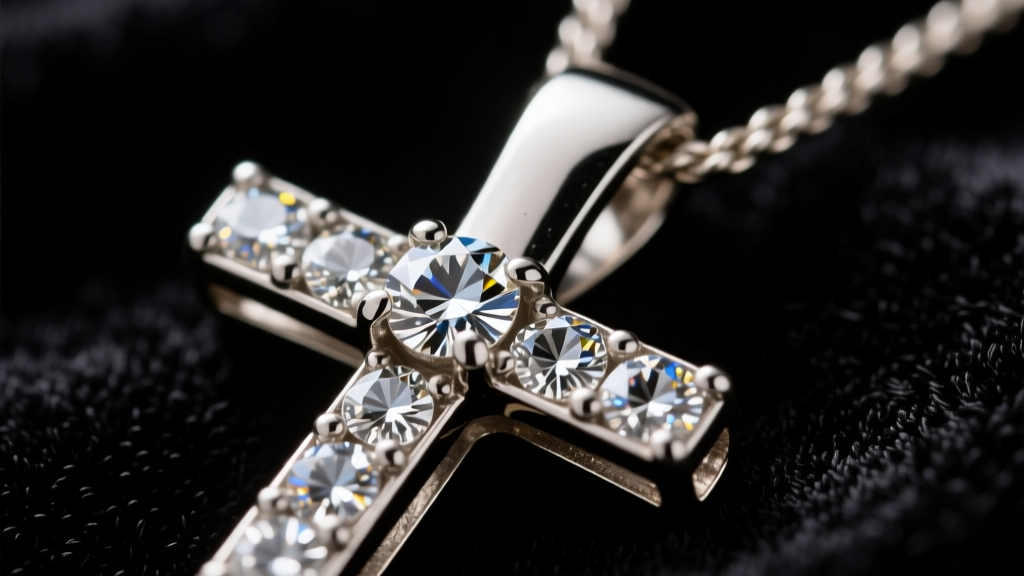 Close-up of a diamond cross pendant bail showing friction wear from a 1mm rope chain, photographed against a dark velvet backdrop.