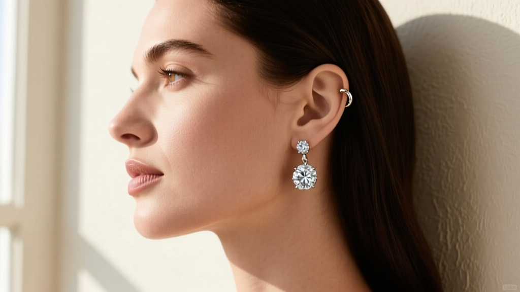 Side profile of a woman wearing a 20mm diamond pavé drop earring in her lobe and a 10mm huggie in her upper cartilage piercing