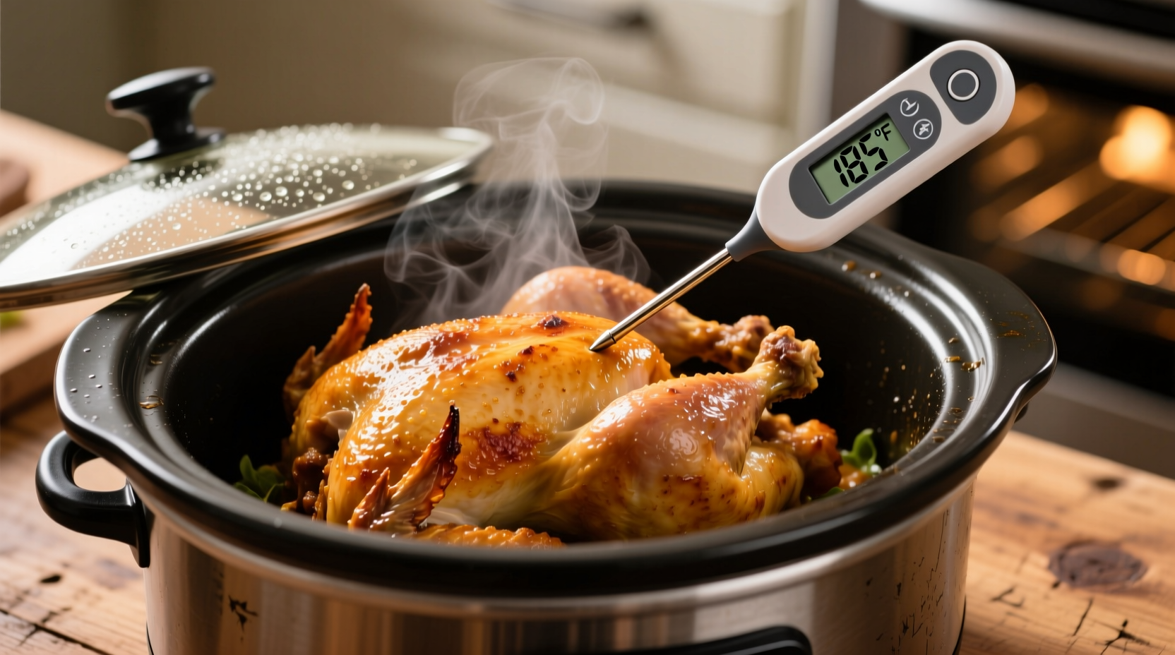 Thermometer checking chicken temperature in crock pot