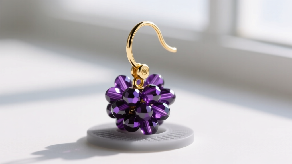 Close-up of a 20-gauge gold leverback wire with a silicone support patch, holding a heavy cluster of purple glass seed beads