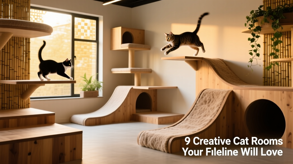 A dynamic parkour-style cat room with staggered platforms, ramps, and perches designed for leaping and balancing