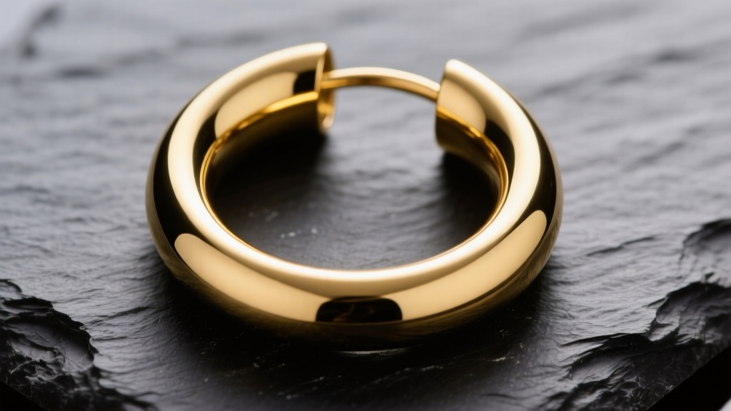 Macro shot of a large hollow-forged 14k yellow gold round hoop earring on dark slate, showing seamless tubing and polished finish.