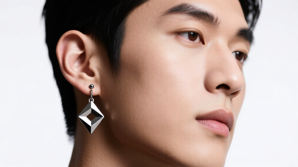 Portrait of a young man wearing a single 16-gauge titanium geometric dangle earring, studio lighting, sharp focus on the earlobe.
