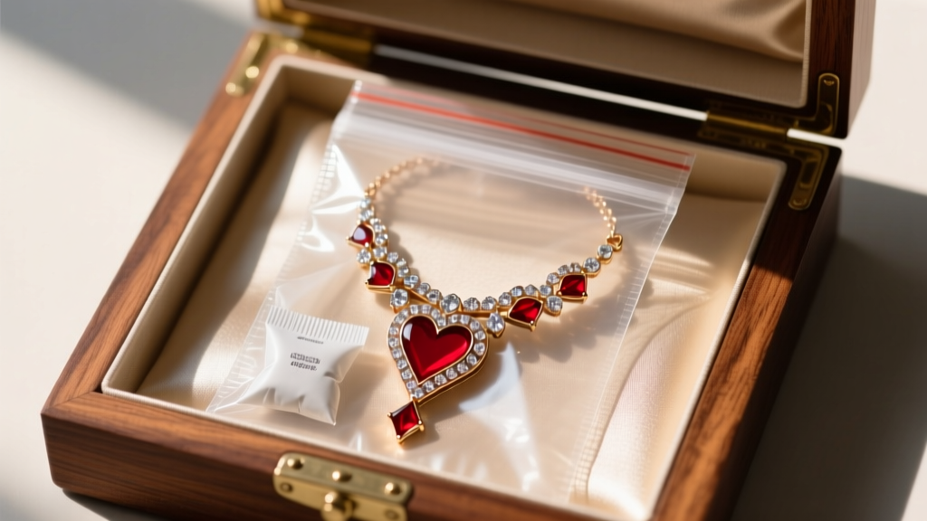 Queen of hearts necklace stored in an anti-tarnish ziplock bag with a silica gel packet inside a lined wooden jewelry box.