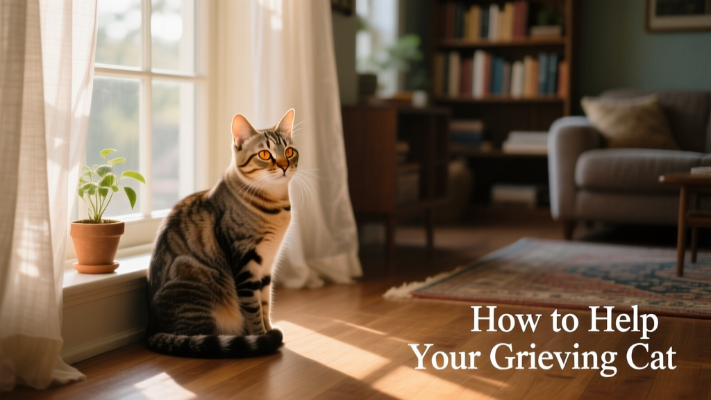 A calm, seated cat looking thoughtfully out a sunlit window