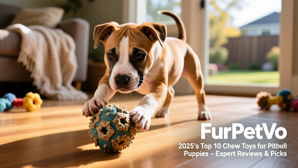 Pitbull puppy interacting with the FurPetVo Puzzle Chew Ball, pawing and nudging it across the floor