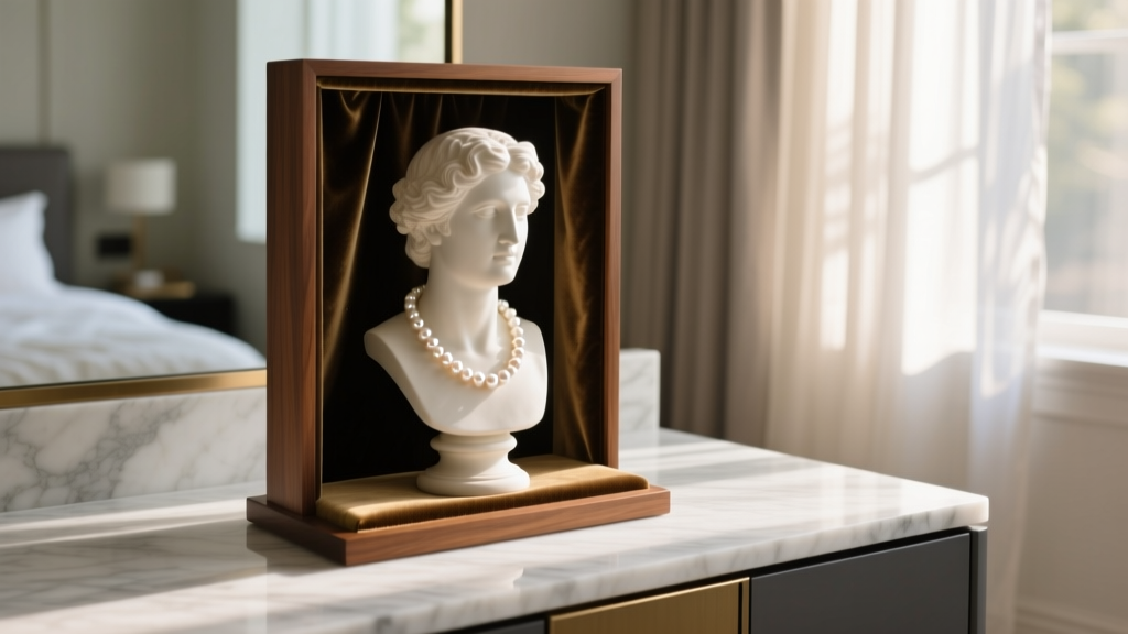 Velvet-lined wooden bust display holding a pearl necklace, positioned on a modern marble vanity countertop in a bright bedroom