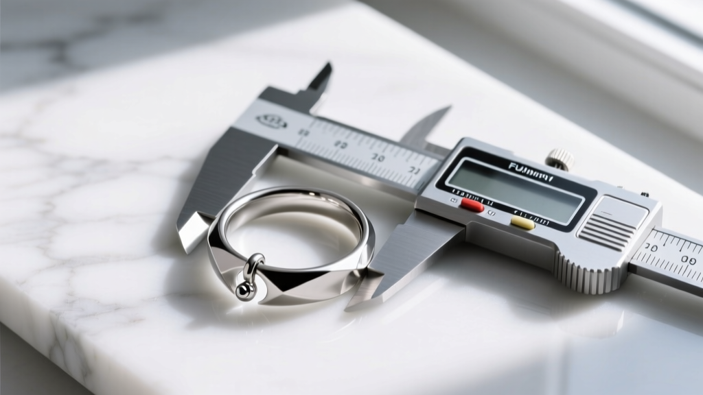 Top-down view of a titanium tension-based non piercing clitoral ring being measured with digital calipers on a white marble surface