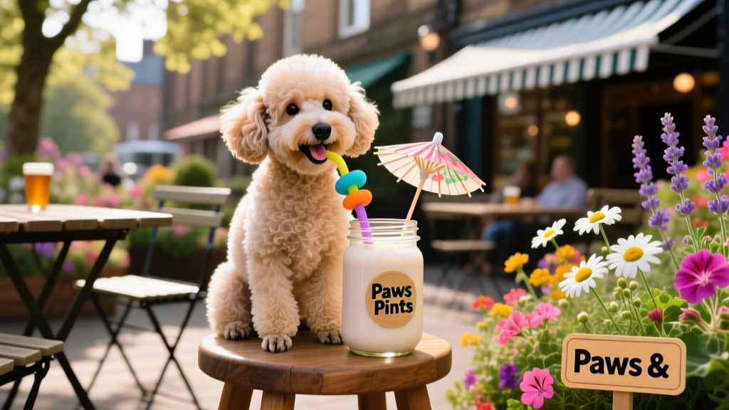 A small poodle enjoying a dog-safe milkshake in a sunny, flower-filled beer garden