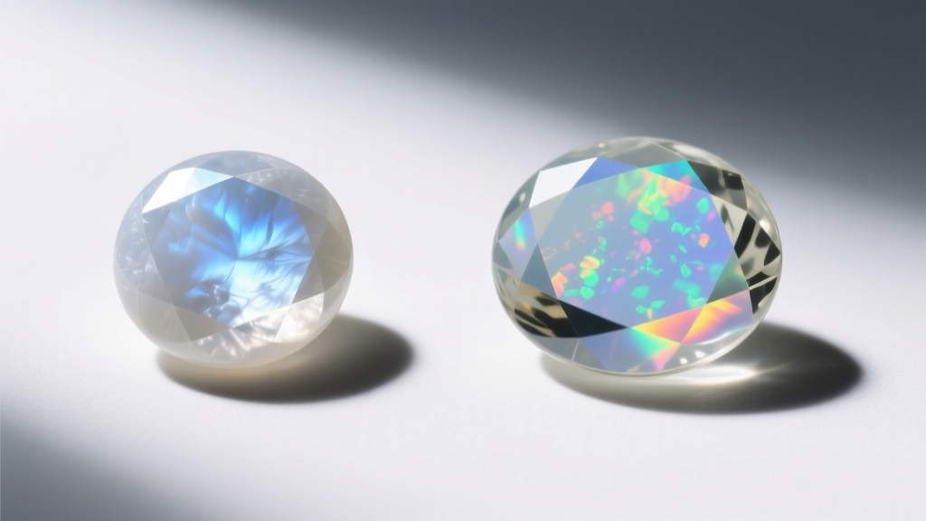 Side-by-side gemological comparison of a genuine white moonstone cabochon and a synthetic opalite glass imitation under daylight.