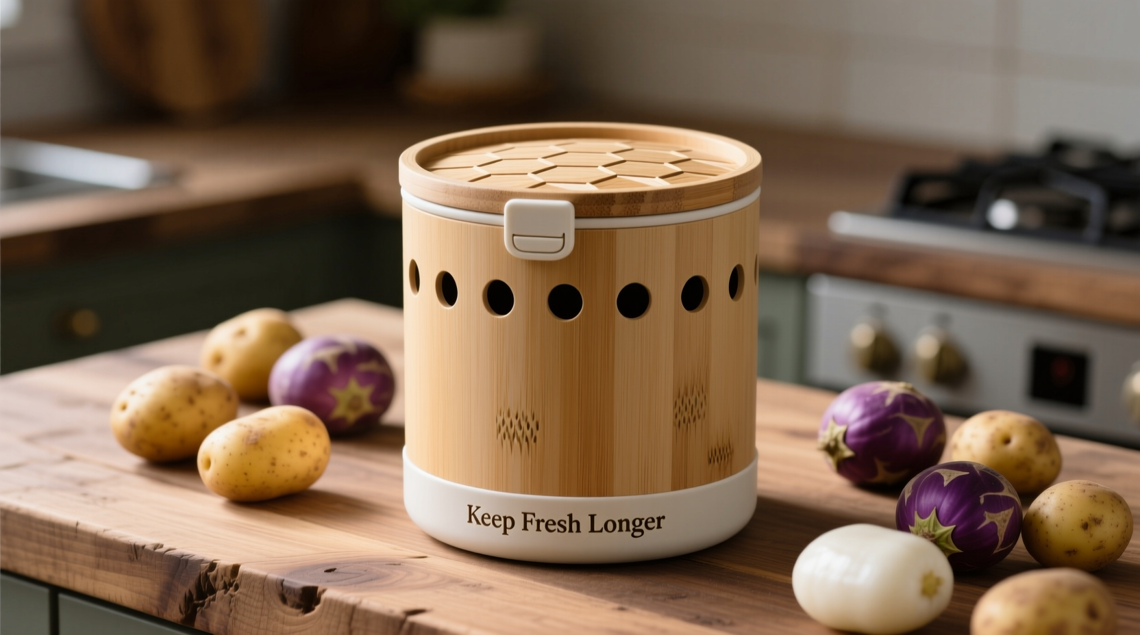 Breathable potato storage container with ventilation holes